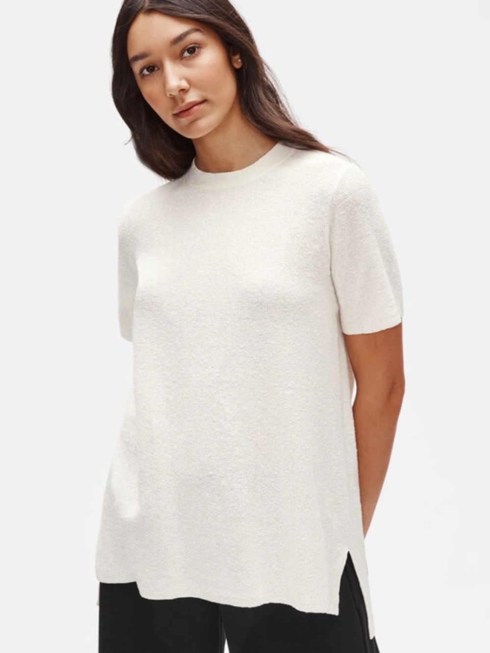 Eileen Fisher Organic Linen Crepe Stretch Mock Neck Tunic Ivory XS Minimalist
